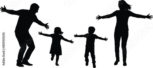 Family silhouette running together, joyful moment, emotional connection, parents and children reunion, expressive pose illustration, flat vector design for stock