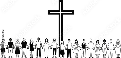 Diverse people holding hands in unity, inclusive community around Christian cross, religious faith, multicultural support, flat vector illustration for stock