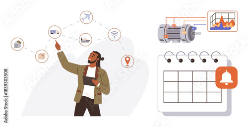Man interacting with IoT connected devices and analytics, motor monitoring system, and calendar with alert. Ideal for technology, industry, automation, scheduling, remote access, IoT maintenance
