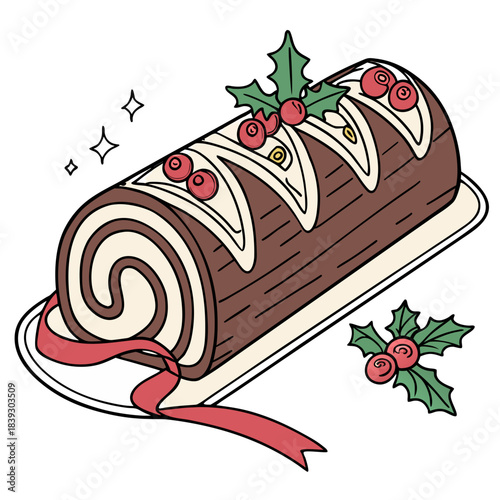 Christmas Yule Log Cake Vector, Buche de Noel Dessert, Holiday Sweet Treat, Chocolate Roll with Holly and Berries, Patisserie & Pastry – Festive Winter Design, Food Illustration & Bakery Goodie