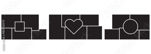 Geometric rectangle and love collage for photo wall mood board template. Template of moodboard. Set of collage for photos or images. Collage love heart twenty one frames photos parts.