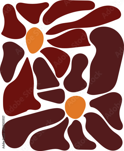 Abstract flowers display brown and orange organic shapes on a clean white backdrop perfectly