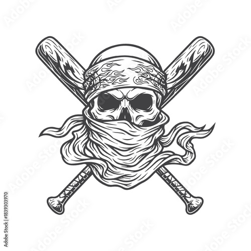 Skull Emblem with Crossed Baseball Bats and Bandana Design Illustration
