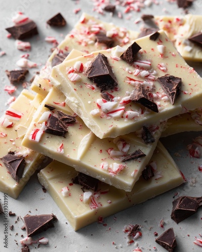 White Chocolate Peppermint Bark with Dark Chocolate Chunks — Festive Christmas Candy Food Photography
