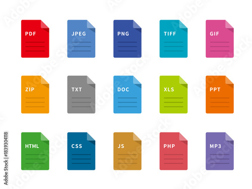 Filled Color File Format Icon Set: Vector Documents, Media, and Code Extensions on White Background