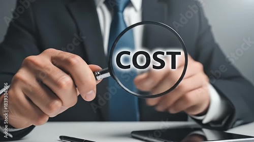 Magnifying Glass Focuses on Word Cost held by Person in Suit with Blue Tie with Soft Studio Lighting and White Desk