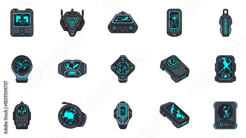 Collection of futuristic digital devices and gadgets for gaming and technology enthusiasts