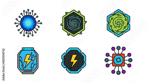 Collection of futuristic technological icons representing advanced circuitry and digital hardware