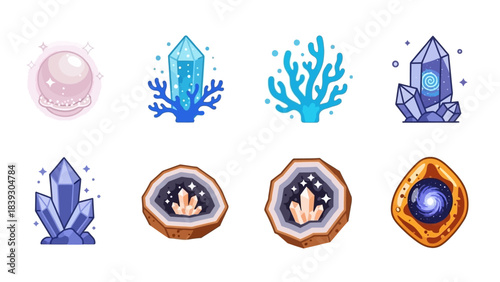 Collection of Magical Crystals and Mystical Geodes with a Fantasy Theme