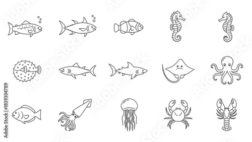 Collection of line art icons representing various marine and aquatic animals including fish,