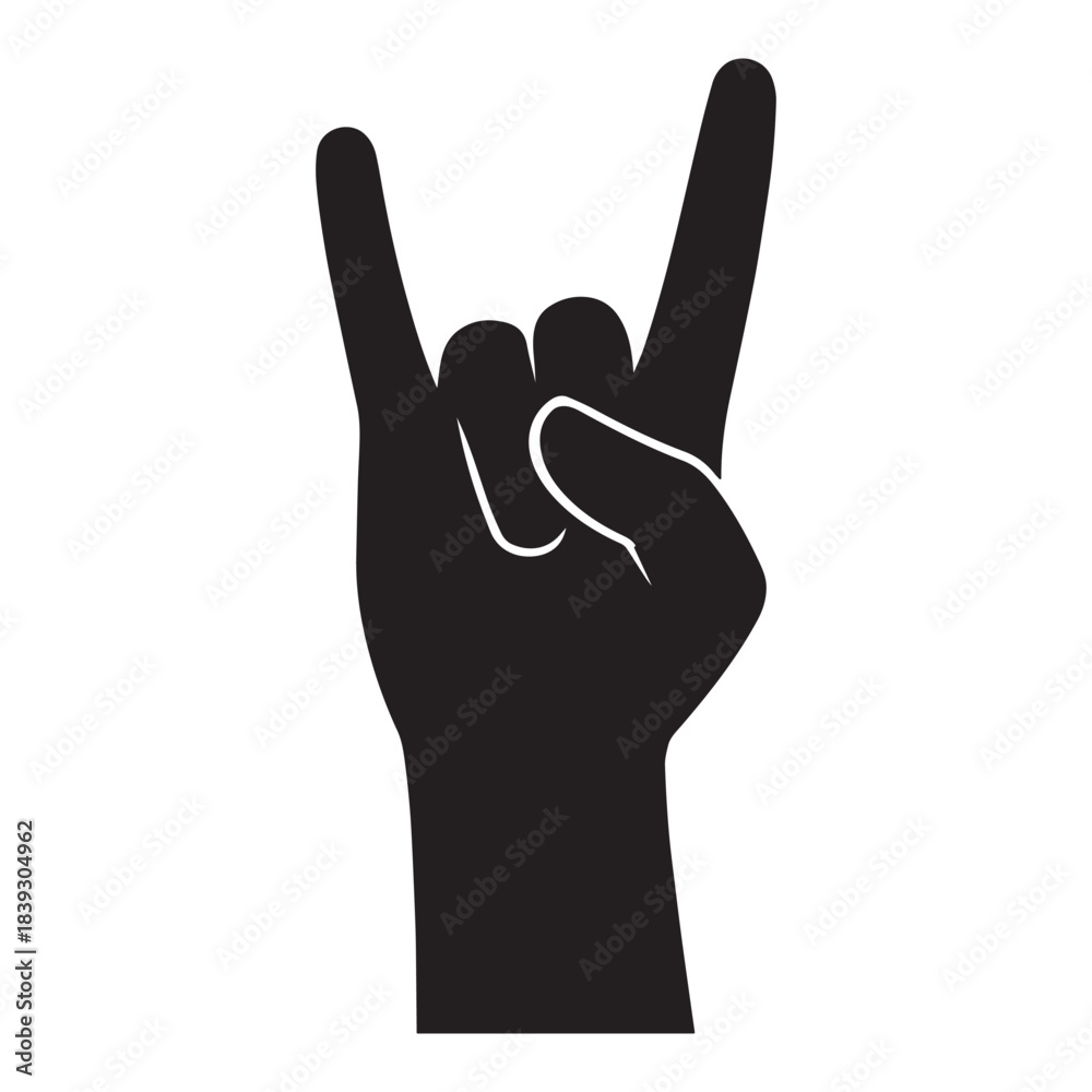 Fototapeta premium Silhouette of raised hand making rock on gesture isolated on clean white background