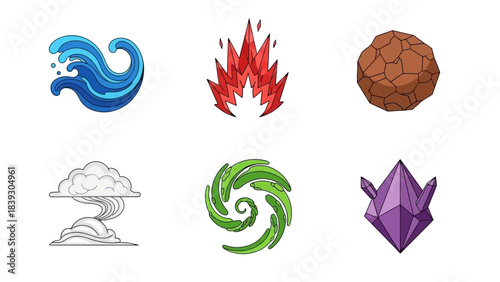 Collection of six abstract elemental icons representing water fire earth air and crystal energy