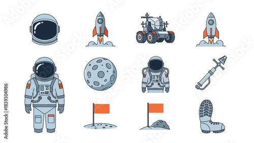 Collection of Space Exploration Icons Featuring Astronauts Rockets and Celestial Elements for