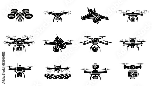 Collection of various drone and UAV icons illustrating different types and functionalities in