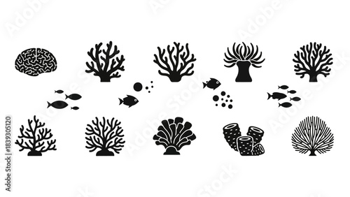 Collection of Various Coral and Marine Life Silhouette Icons Illustrating Underwater Ecosystems