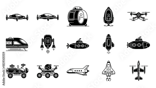 Collection of various futuristic and robotic vehicles and gadgets in black and white style for