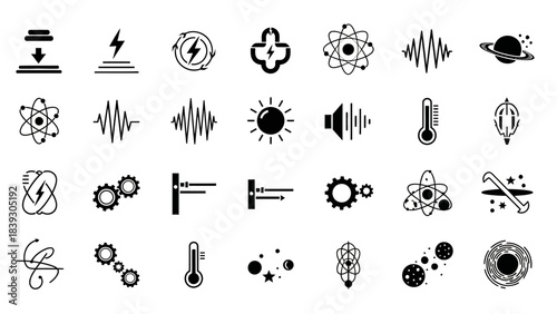 Collection of various scientific and technological icons representing energy, physics, and atomic