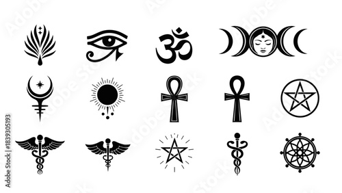 Collection of Various Spiritual and Religious Symbols Including Crescent Moon and Caduceus Designs