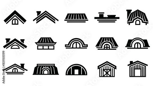 Collection of various stylized black and white house roof and structures icons for design projects