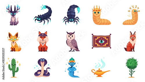 Colorful Cartoon Mythical Creatures and Animals Collection Illustration