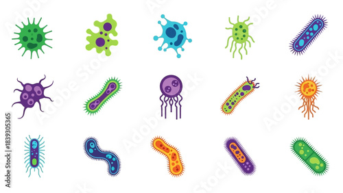Colorful Illustration of Various Bacteria and Microorganisms for Scientific and Educational Use