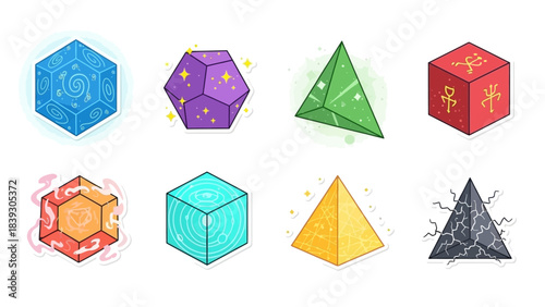 Colorful Geometric Magic Cubes and Symbols set for puzzles and games