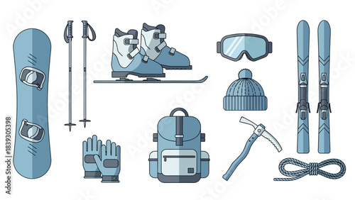 Comprehensive collection of winter sports equipment including skis snowboard and accessories