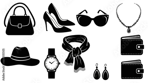Fashion Accessory and Apparel Icons Collection Featuring Bags Shoes Sunglasses Jewelry Wallets and