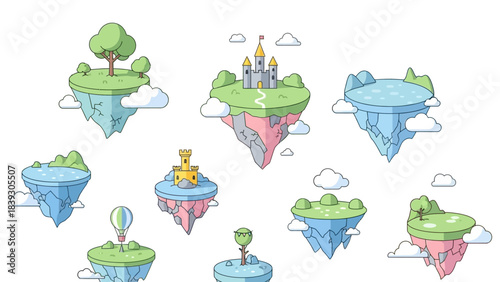Fantasy Islands and Floating Landmasses in a Magical Sky Scene with Castles Trees and Water Bodies