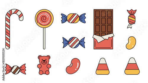 Festive Candy and Chocolate Icon Set Featuring Various Sweets and Confectionery Items