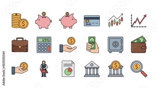 financial and banking icons representing investment, savings, and economic growth scenarios