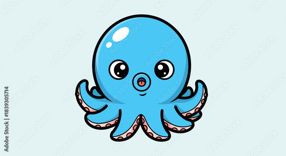 Obraz premium Cute Blue Octopus Cartoon Character with Big Eyes and Tentacles.