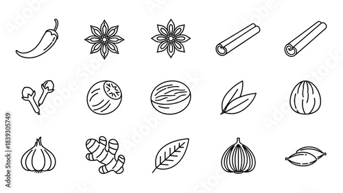 Minimalist Line Art Illustration of Spices and Vegetables with Natural Elements