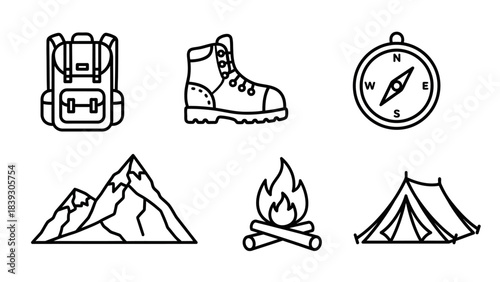 Minimalist Line Icons Depicting Hiking and Camping Equipment for Outdoor Adventure Activities
