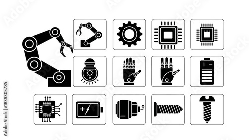 Robotic Arm and Automation Icons for Industry and Technology Applications