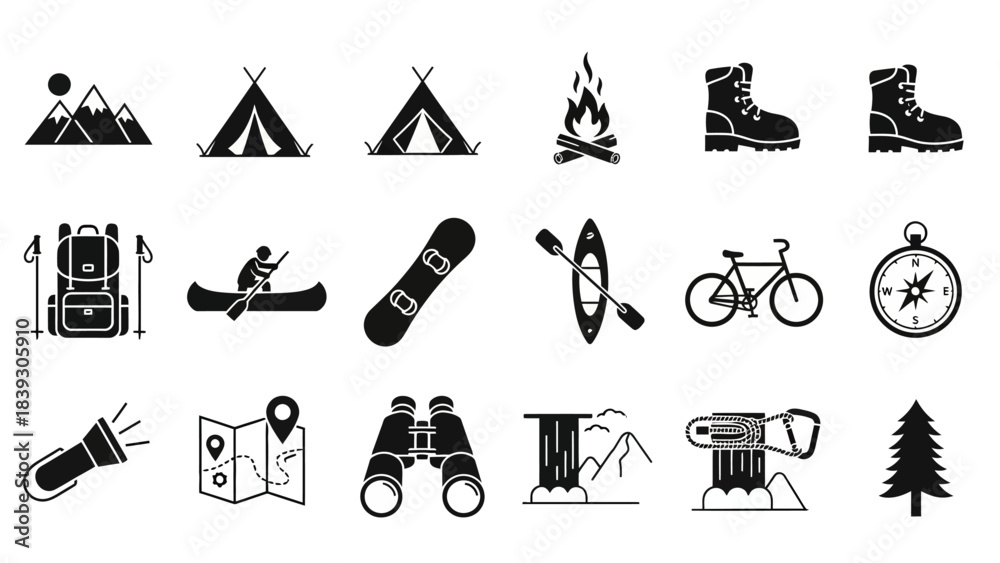 Obraz premium Set of outdoor adventure icons including tents, hiking gear, and navigation tools for camping and