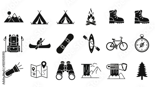 Set of outdoor adventure icons including tents, hiking gear, and navigation tools for camping and