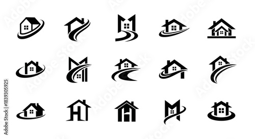 Set of modern black and white house icons with various roof styles and circular bases representing