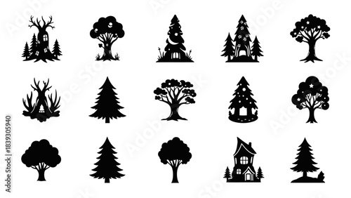 Set of silhouetted trees and house icons in black minimalist style for design projects
