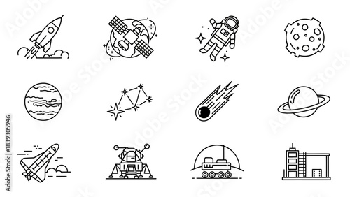 set of space exploration icons featuring rockets planets stars astronauts and spacecraft in