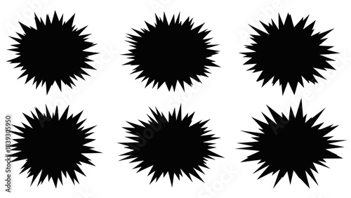 Six black spiky starburst shapes with sharp edges and high contrast on a white background for