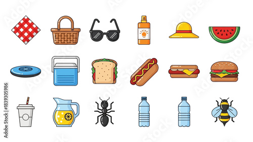 Summer Picnic Essentials Icon Set Including Food Drinks and Outdoor Items