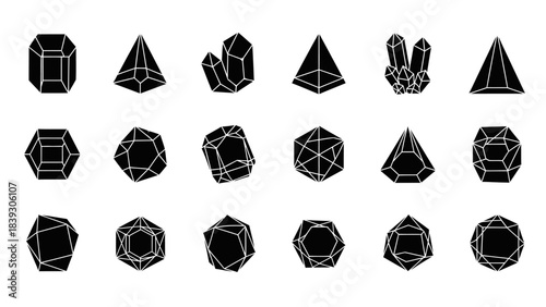 Abstract geometric black and white polyhedron structure collection demonstrating complex 3D shapes
