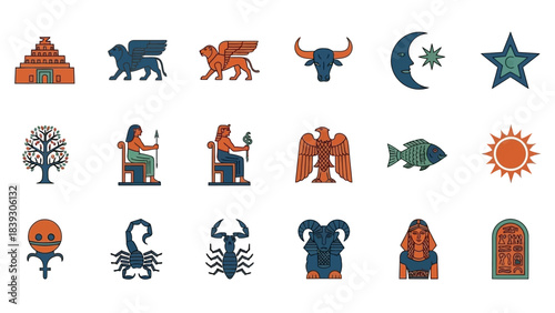 Ancient Mesoamerican Symbolic Icons and Deities Collection Illustration