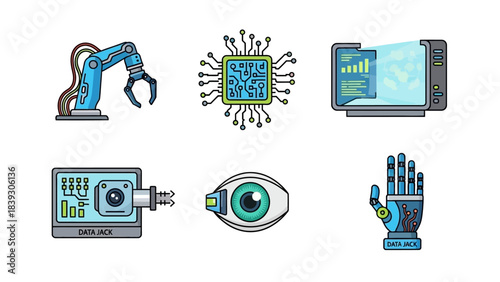 advanced technology and robotics icons representing data processing and artificial intelligence