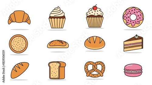 Assorted bakery treats and sweet pastries collection with colorful desserts for breakfast or snack