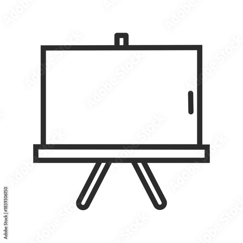 Minimalist black and white line art icon of a presentation whiteboard or flip chart on a tripod stand