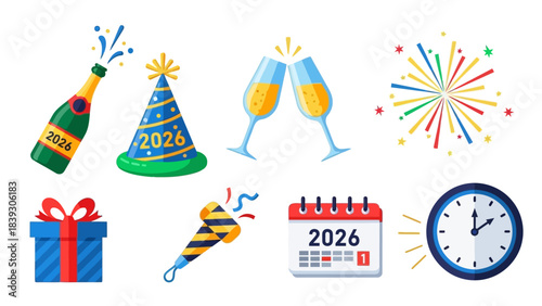 Celebration of New Year 2026 with Festive Decorations and Fireworks