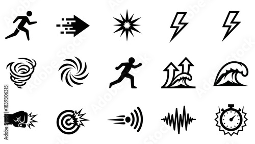 Collection of black and white icons representing various dynamic motion and energy concepts