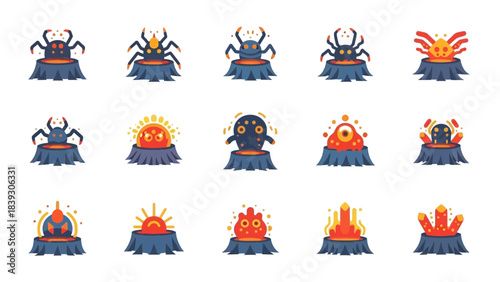 Collection of cartoon-style volcanic eruptions with various expressions and features